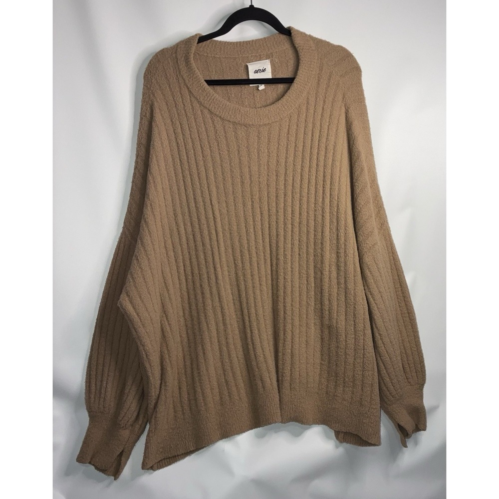 Aerie Oversized Ribbed Sweater Tan Womens Size XL Slouchy Cozy Stretch Fuzzy